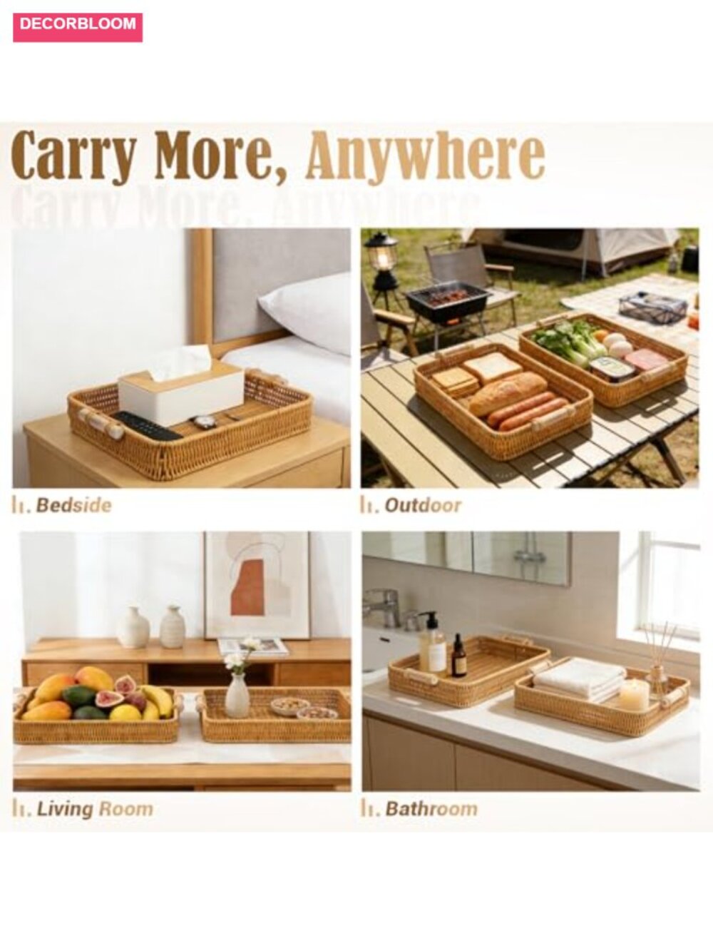 2-Pack Large Rectangular Faux Rattan Serving Tray with Wooden Handles, Woven - Picture 6 of 6
